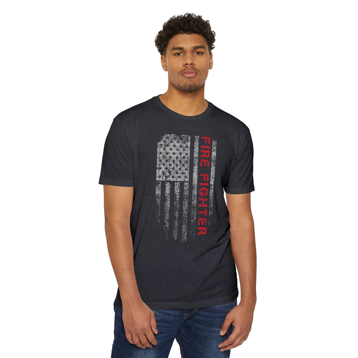 Firefighter Distressed American Flag T-Shirt — Vertical Distressed Thin Red Line Tee