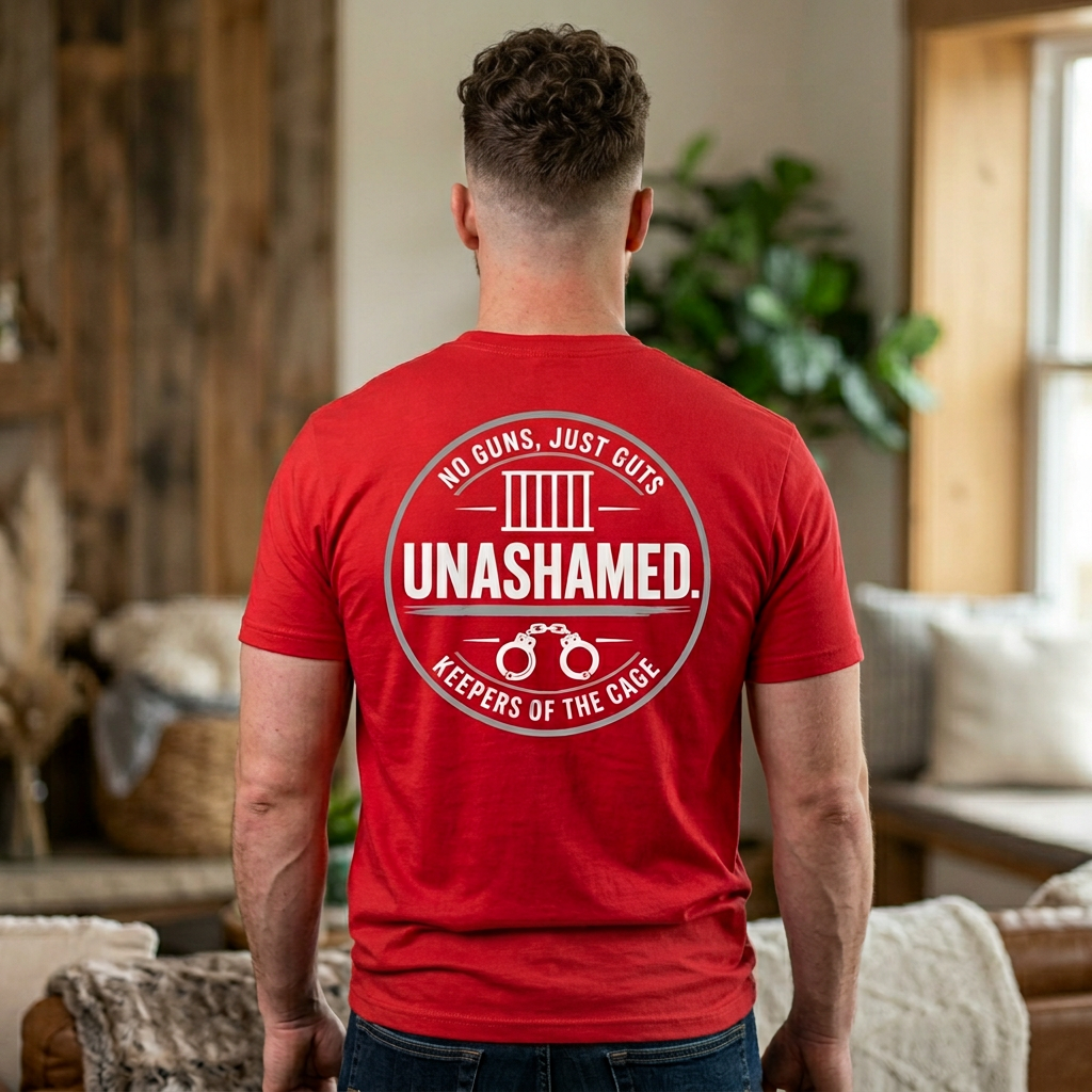 Unashamed T-Shirt — 'No Guns, Just Guts' Handcuffs Corrections Design