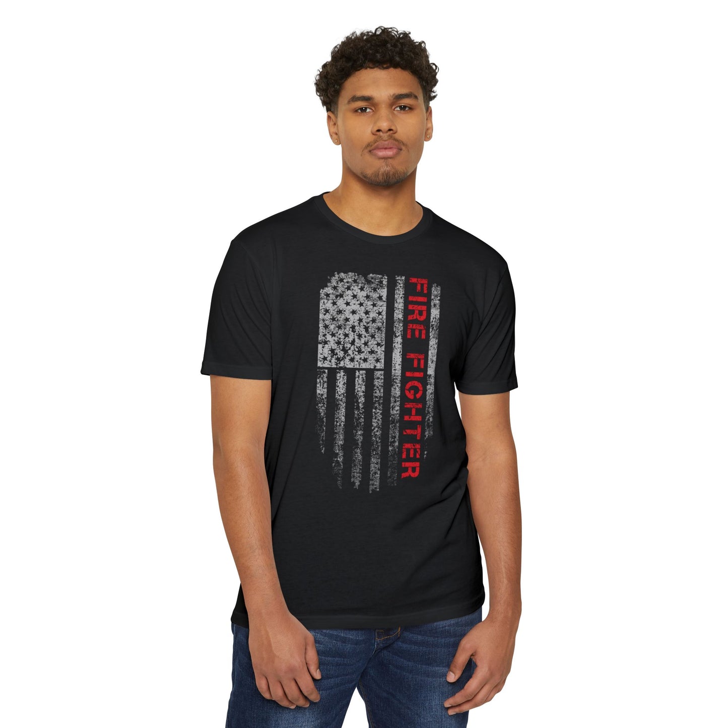 Firefighter Distressed American Flag T-Shirt — Vertical Distressed Thin Red Line Tee